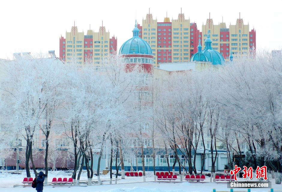12月10日,受降溫天氣影響,黑河市黑龍江江畔出現(xiàn)綿延數(shù)公里的霧凇景觀。