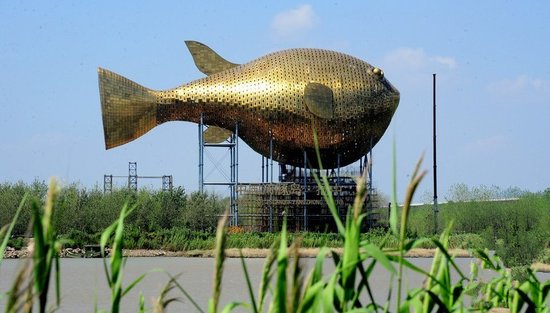 昨天，揚中市西沙島，正在施工的河豚塔金光閃閃