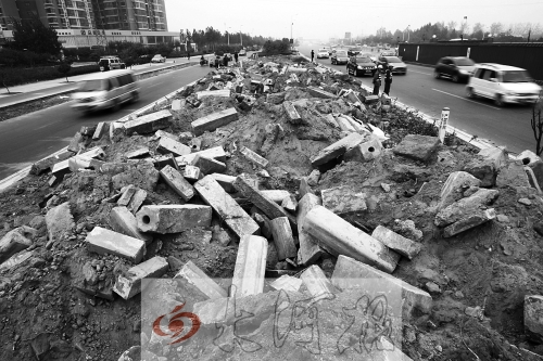 中州大道部分路段，綠化帶成了垃圾場。