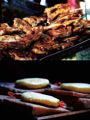 　　草原美食烤肉和奶酪。　