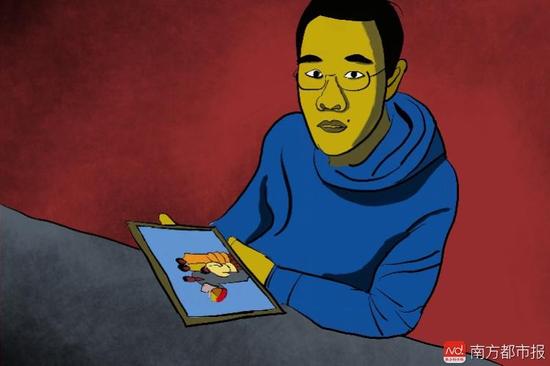 王煥凱看著一家人幸福的合照，黯然神傷，悔不當(dāng)初。（畫作者：吳斌）