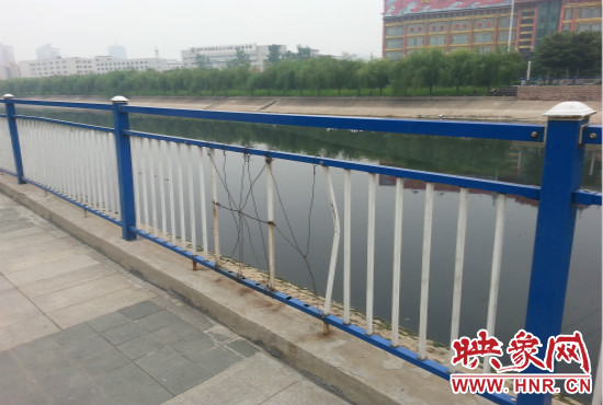 公園內(nèi)多個護(hù)欄中間的鋼筋條不翼而飛，僅僅是用幾根細(xì)細(xì)鐵絲纏住。