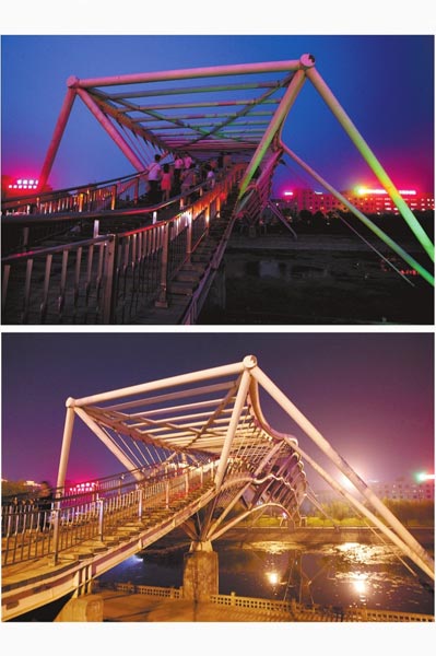 花園路西側(cè)東風(fēng)渠景觀橋，上圖攝于7月31日晚間，下圖攝于10月9日晚間。