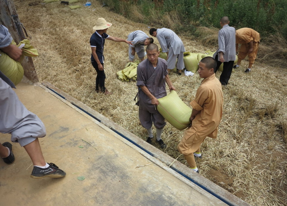 武僧將打包后的糧食集中至運(yùn)輸車輛上。